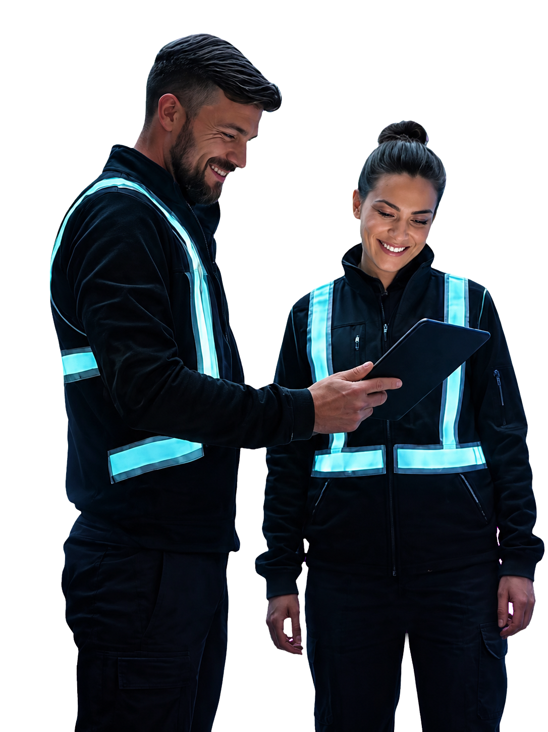 Dos operarios logísticos revisan una tablet